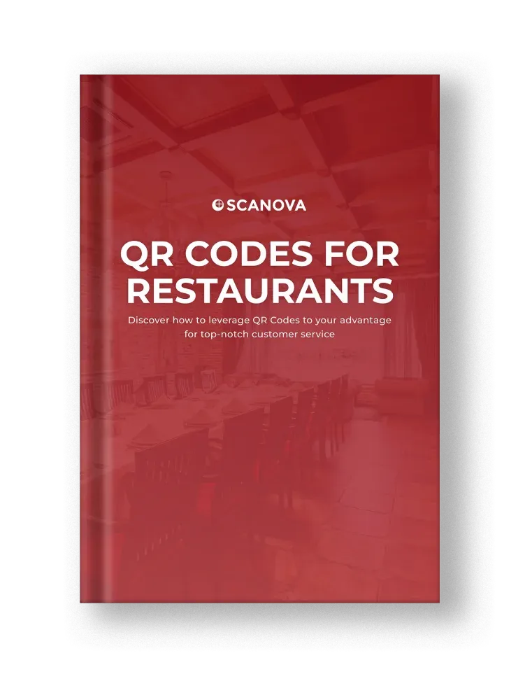Red book titled 'QR Codes for Restaurants' with Scanova logo, offering tips on using QR Codes to enhance customer service.