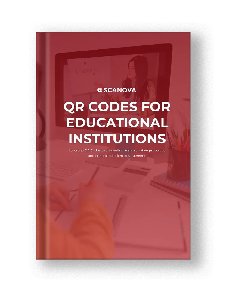 Rotes E-Book-Cover mit dem Titel 'QR Codes for Educational Institutions' und Scanovas Logo, das Anleitungen für besseres Lernen mit QR-Codes bietet.