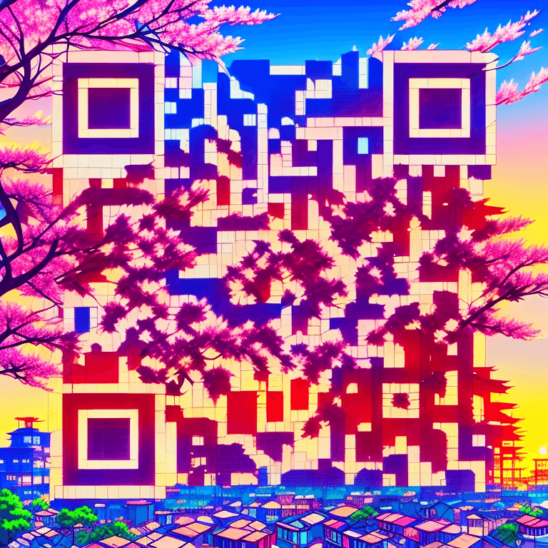 AI QR Code feature of Scanova showcased against a Studio Ghibli-inspired anime cityscape at sunset with cherry blossom trees.