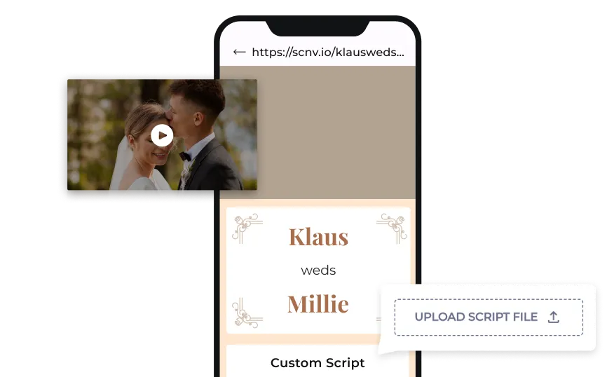Hochzeits-QR-Code-Landingpage mit erweiterten Komponenten wie benutzerdefiniertem Skript und Video.