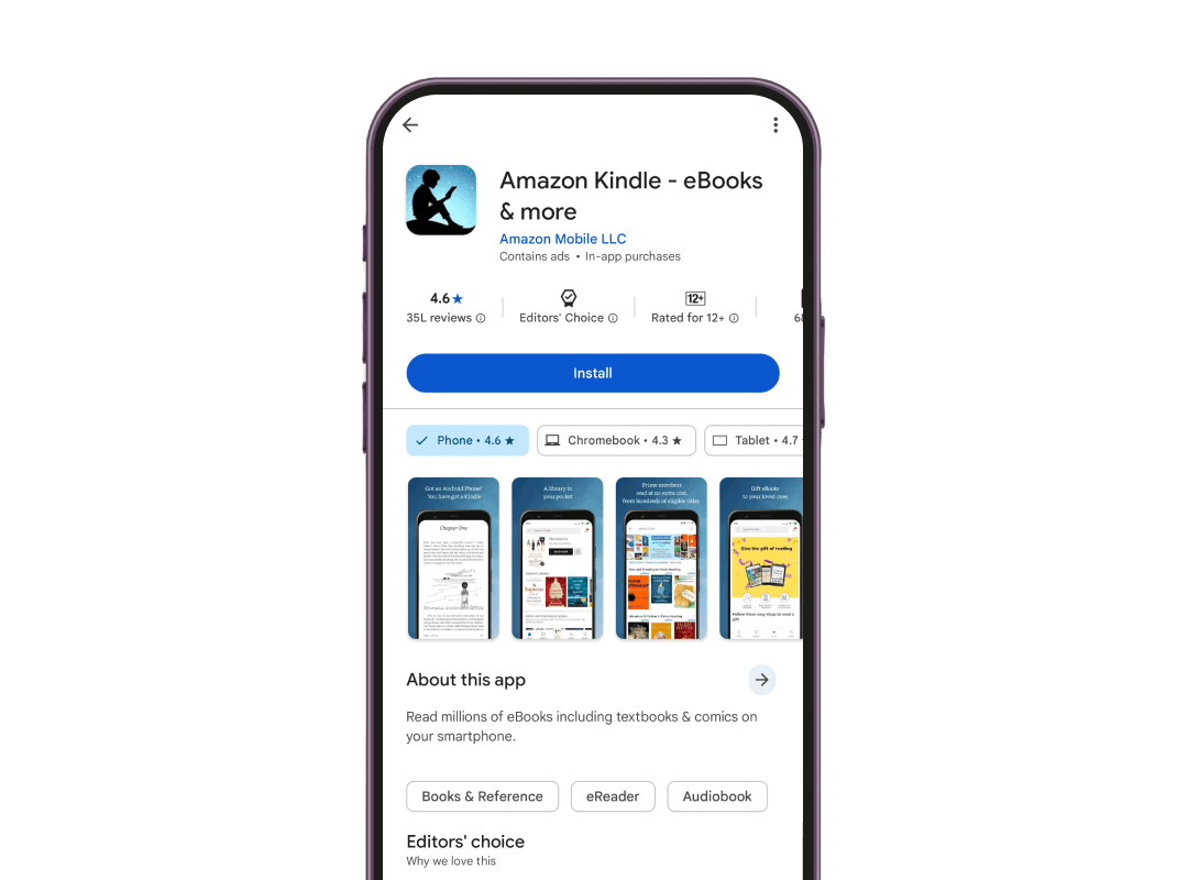 Smartphone screen displaying Amazon Kindle in app store as scanning the QR Code prompts app download for versatile linking.