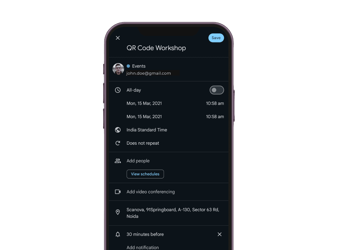  User being prompted to save event in calendar, after scanning