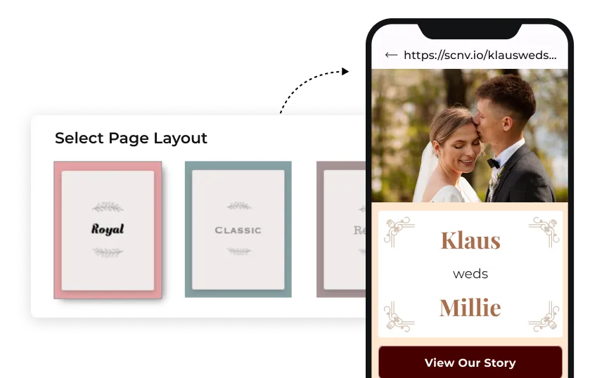 Eine individuelle Hochzeits-QR-Code-Landingpage, die aus den vorgefertigten Seitenlayouts von Scanova erstellt wurde.