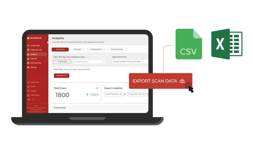 Un écran d'ordinateur affichant les options permettant d'exporter les données QR numérisées au format CSV ou Excel pour le suivi et l'analyse des codes QR.