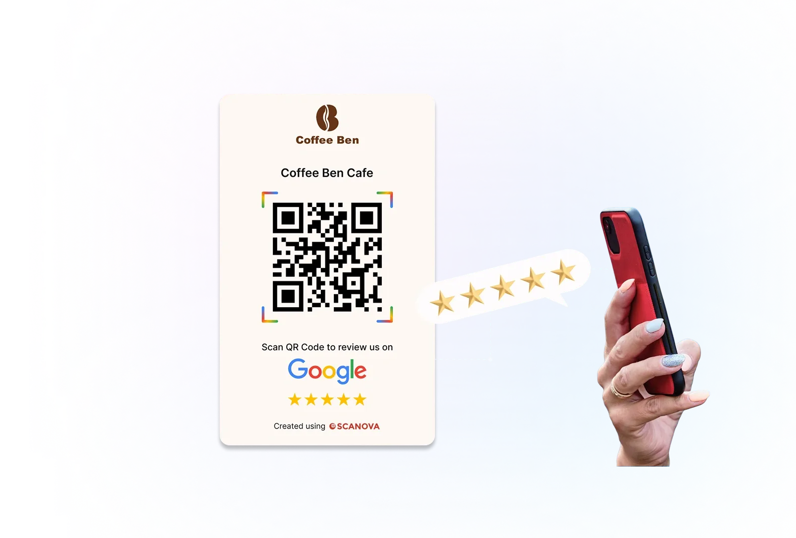 Customer scanning a branded Google Review QR Code card to leave a 5-star rating on Google