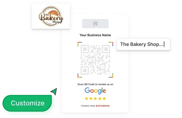 User customizing Google Review QR Code card by uploading business logo and previewing the design