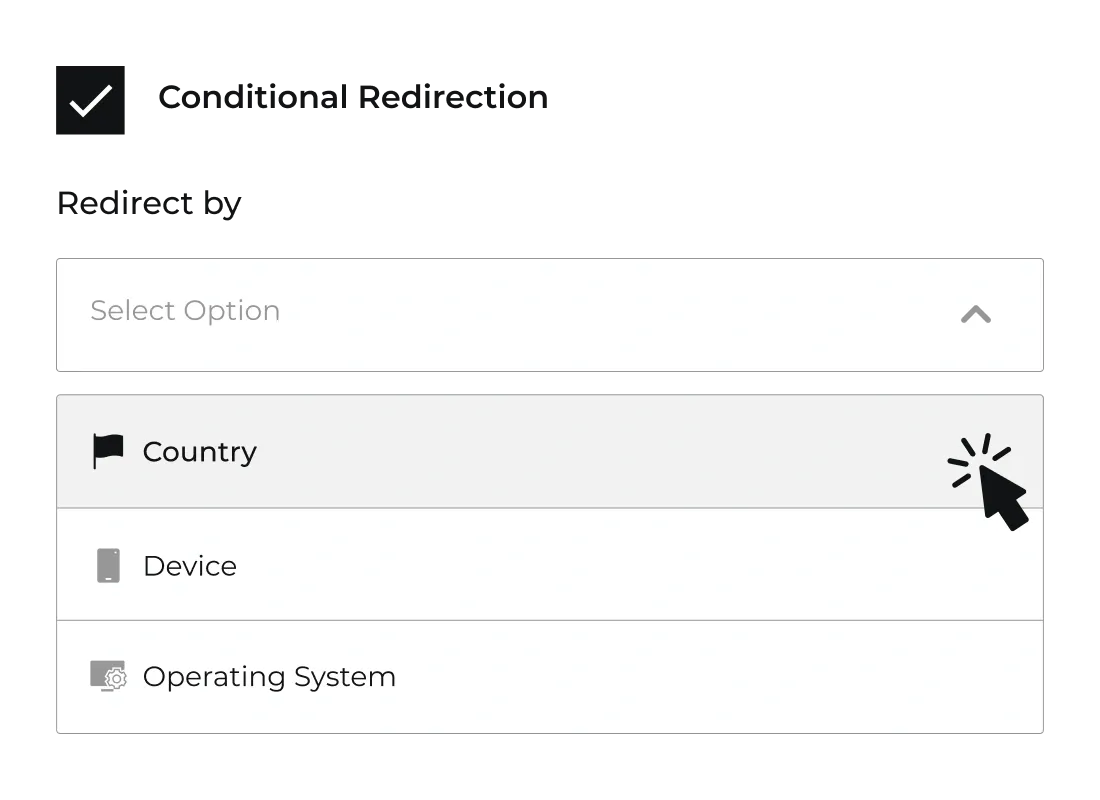 Scanova conditional redirection settings for Dynamic QR Codes with options for country, device, and OS