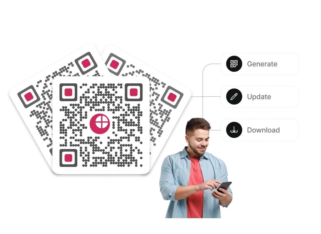 Person bulk generating, updating, and downloading Google Review QR Codes for multiple locations via Scanova
