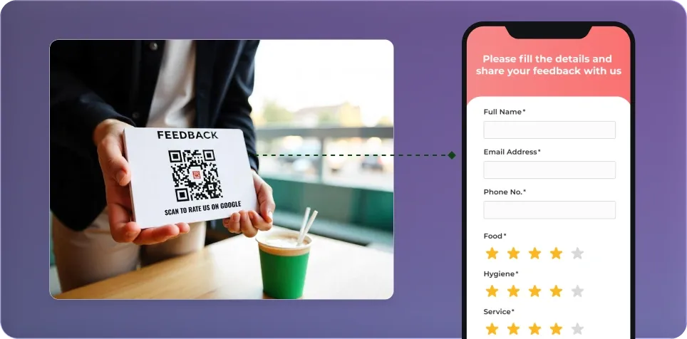 Restaurant customer scanning Google Review QR Code on table tent to rate their dining experience