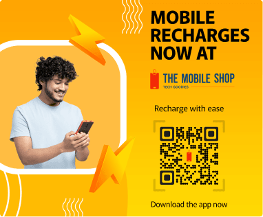 Afiche amarillo para recarga de móviles con un QR transparente utilizado para promoción personalizada, con una persona sonriente usando el teléfono.