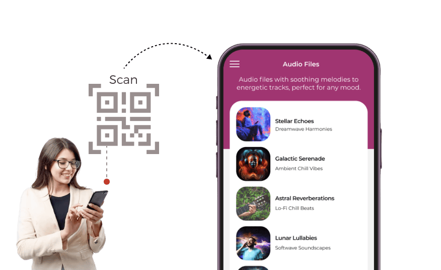 Persona escaneando el Audio QR para escuchar directamente el archivo de audio, sin tener que descargarlo