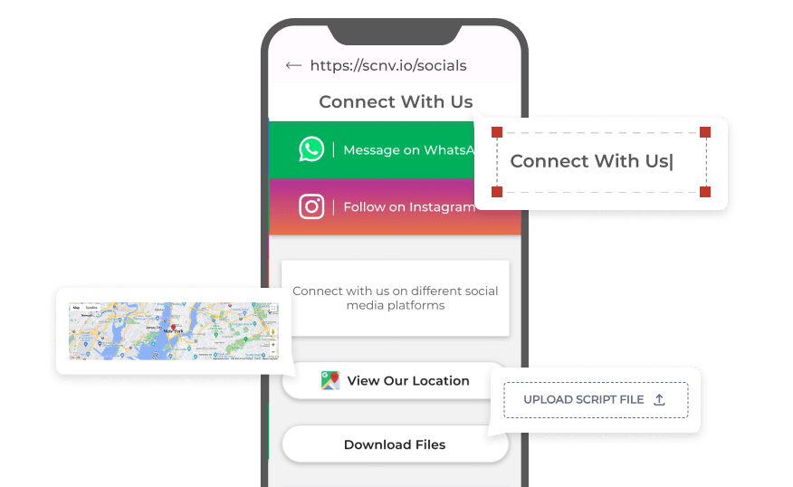 A phone showing a Connect With Us page with a map location and Upload Script File and Download Files options