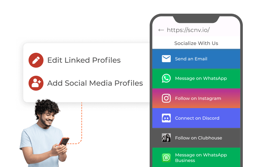 A person editing linked social media profiles on their phone, with an Edit Linked Profiles and Add Social Media Profiles menu