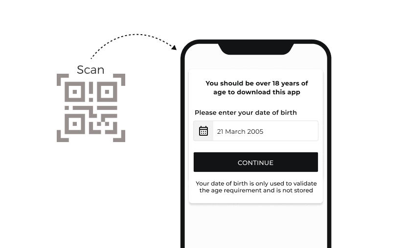 Le client est invité à saisir sa date de naissance après avoir scanné le code QR Deep Link