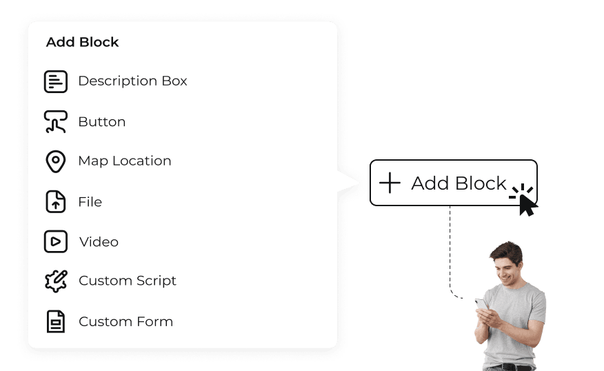 An Add Block menu showing Description Box, Button, Map Location, File, Video, Custom Script, and Custom Form options