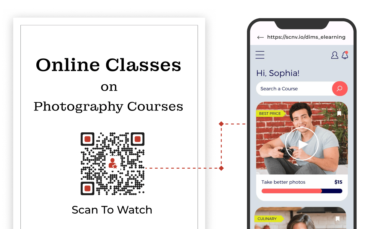 Ein Klassenzimmer-QR-Code mit einem CTA „Scan to Watch“