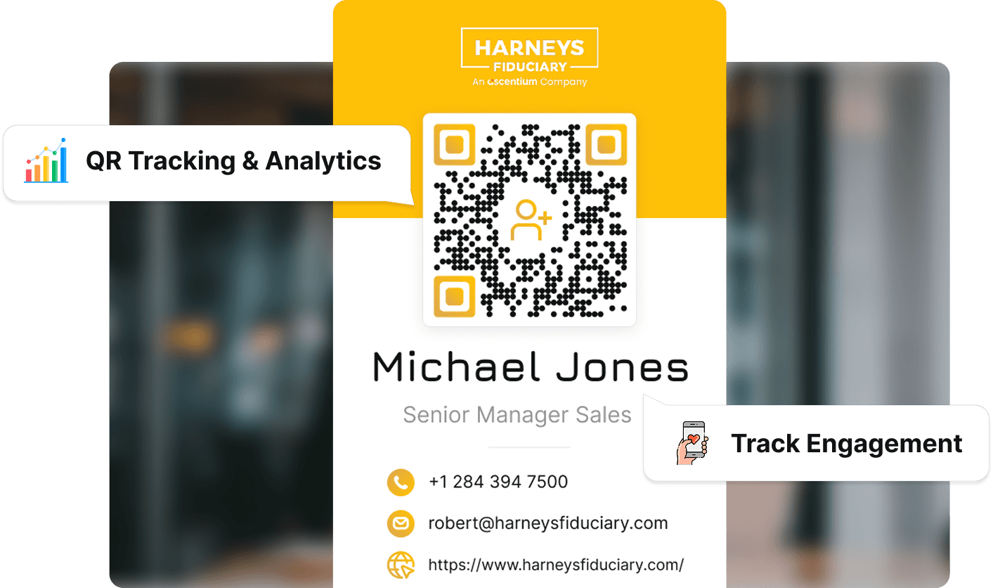 Harneys Fiduciary employee vCard with Scanova QR Code analytics showing scan insights and tracking engagement across business cards