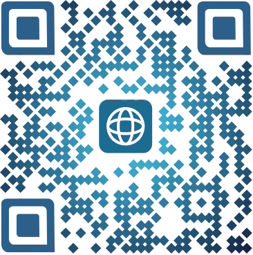 Blauer QR-Code mit einem Website-Logo in der Mitte, der die Verwendung benutzerdefinierter QR-Codes für ein besseres Branding veranschaulicht.