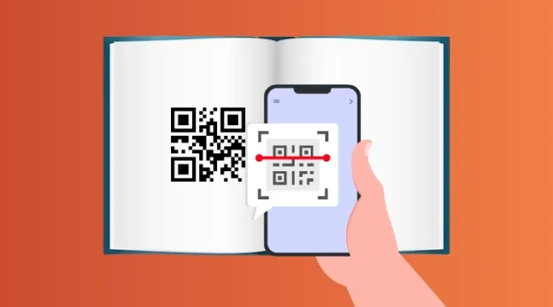 Ein Schüler scannt den auf ein Lehrbuch gedruckten QR Code von Scanova.