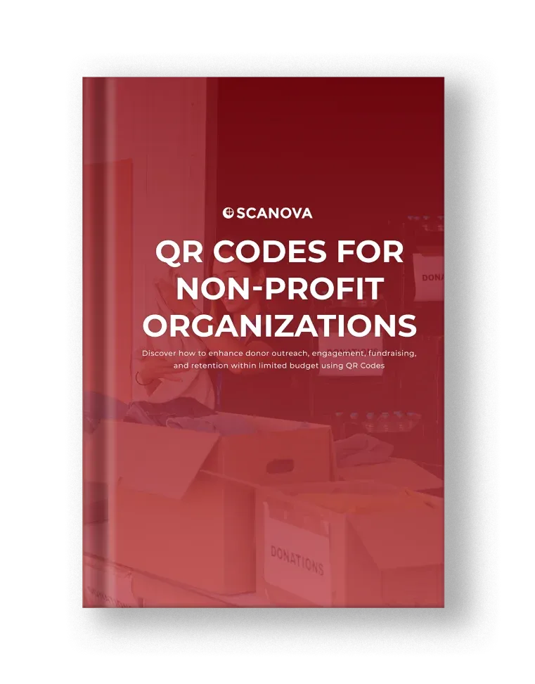 Libro electrónico rojo titulado 'Códigos QR para organizaciones sin fines de lucro' con el logotipo de Scanova, que ofrece consejos para promover causas y obtener apoyo