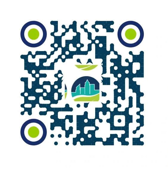Personalisierter QR-Code in blauer Farbe mit Firmenlogo in der Mitte und kreisförmigen QR-Augen, die die bearbeitbaren Funktionen hervorheben.