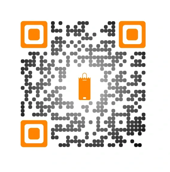 Schwarz-orangefarbener benutzerdefinierter QR-Code mit Einkaufstaschensymbol in der Mitte, der seine Verwendung im Einzelhandel bei Produktwerbung verdeutlicht.
