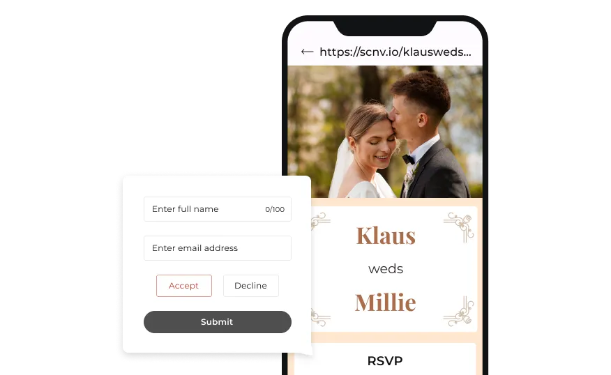 Scanovas Hochzeits-QR-Code-Landingpage mit RSVP-Option.