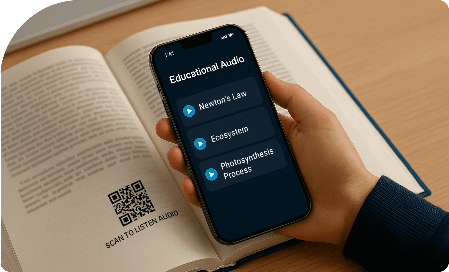 Student scannt einen QR-Code, um auf eine Audiodatei zuzugreifen