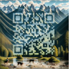 Personalisierter QR-Code mit einem malerischen Berg- und Flusshintergrund, der KI-generierte Designs basierend auf Benutzereingaben präsentiert.