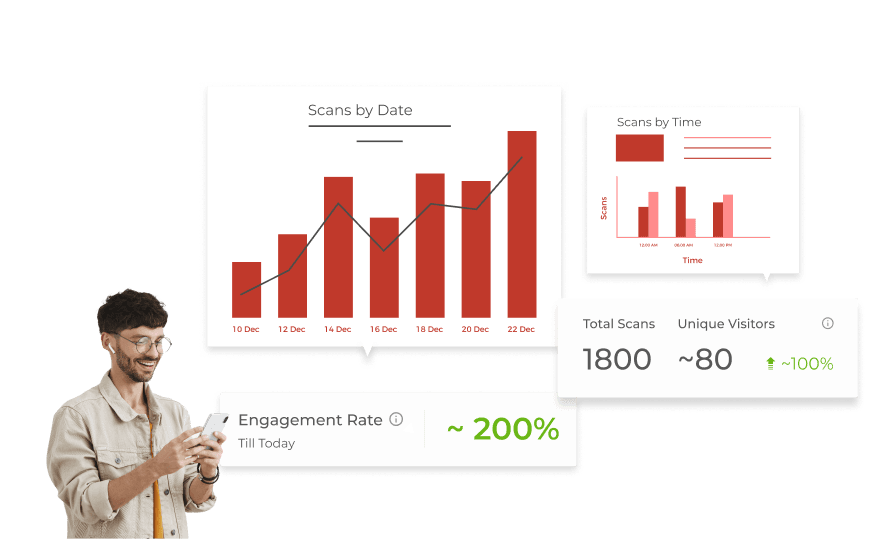 Man checking QR Code scan metrics on a mobile screen, analyzing and improving campaigns using tracking features.