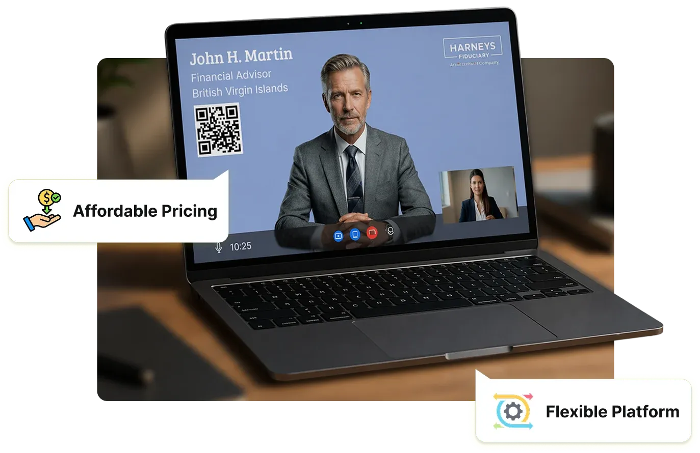 Harneys Fiduciary financial advisor on video call with a Scanova QR Code the background, connecting to thier digital profile.