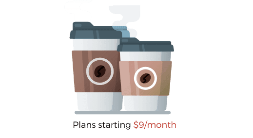 Zwei Markenkaffees mit dem Text „Pläne ab 9 $/Monat“, die einen erschwinglichen Preis widerspiegeln, bereits ab zwei Tassen Kaffee.
