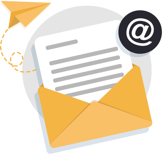 Mail-Symbol mit @-Symbol und einem fliegenden Papierflieger, das Menschen dazu einlädt, uns bei Fragen oder Zweifeln eine E-Mail zu senden.