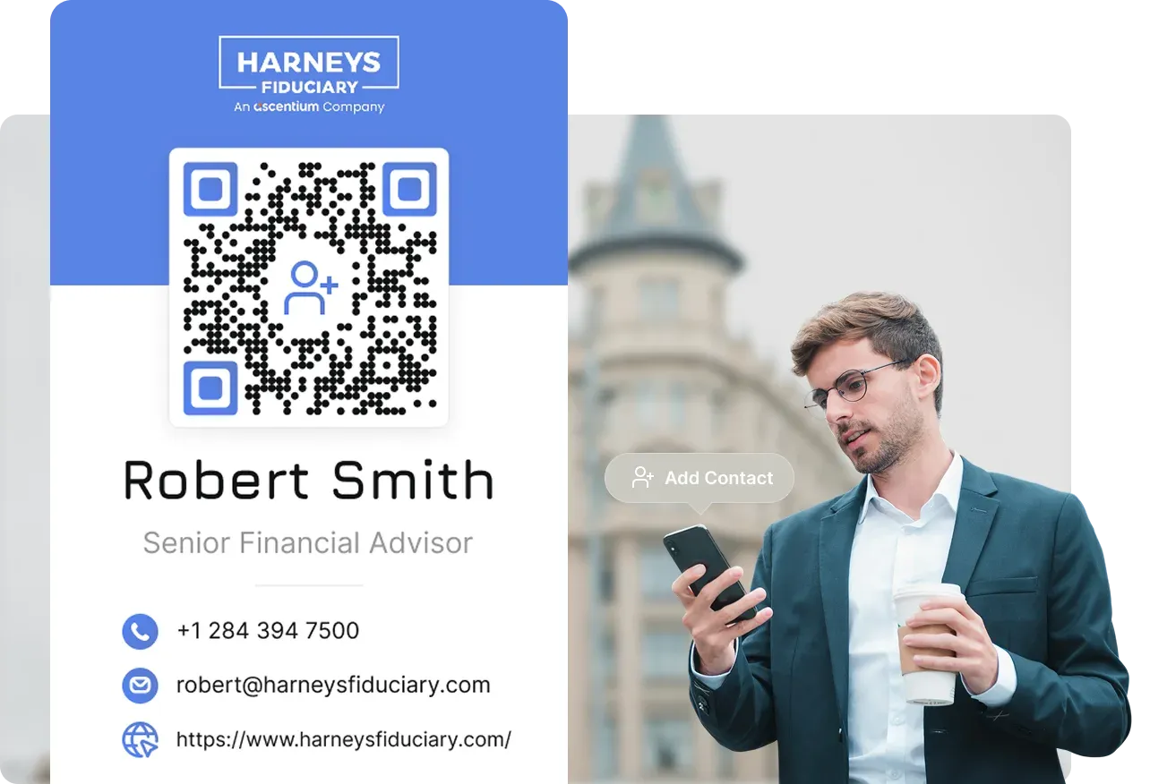 A Harneys Fiduciary employee's digital business card with Scanova QR Code linking to their contact details and LinkedIn profile