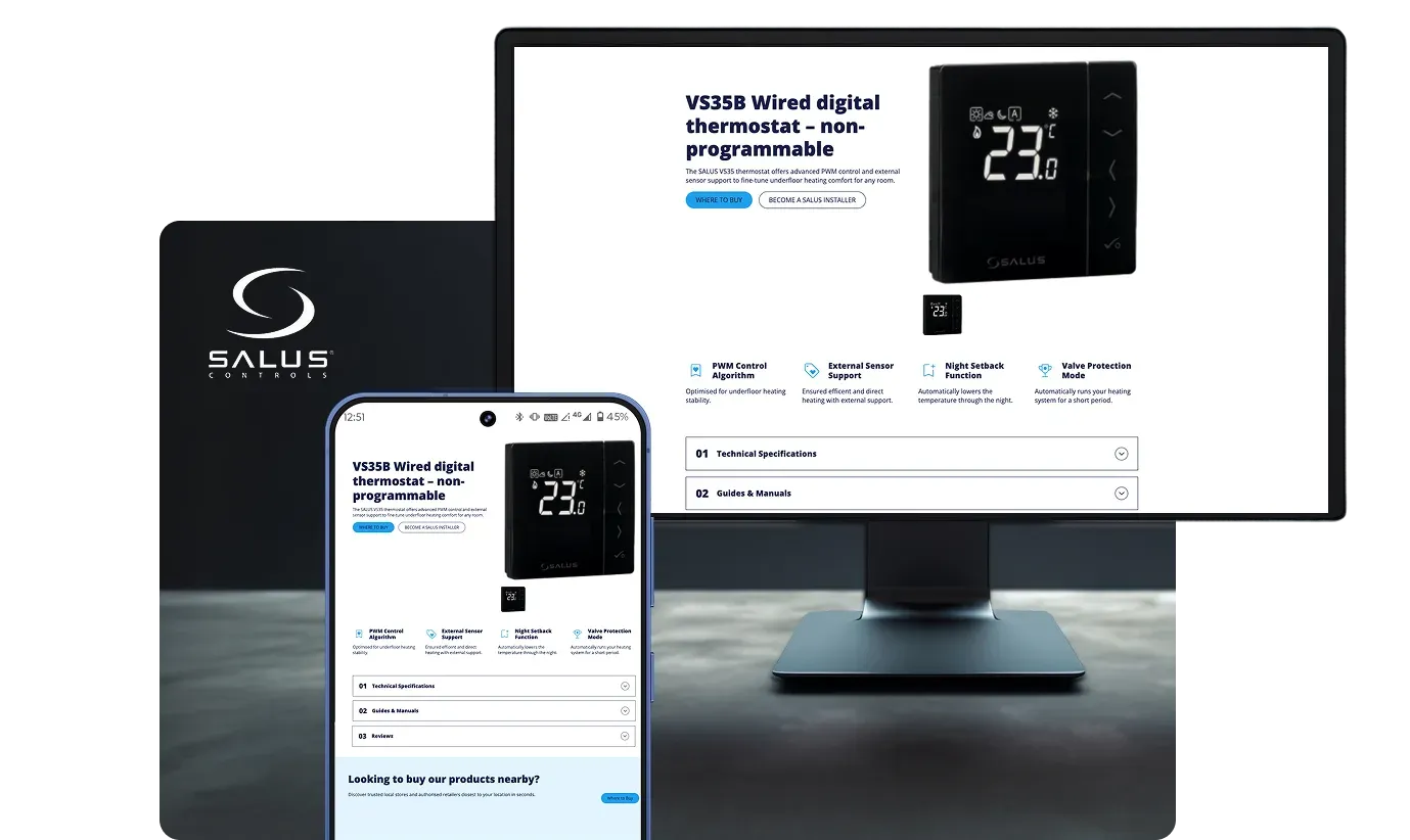SALUS Controls' thermostat product page accessible on mobile and desktop after scanning Scanova QR Code from printed materials
