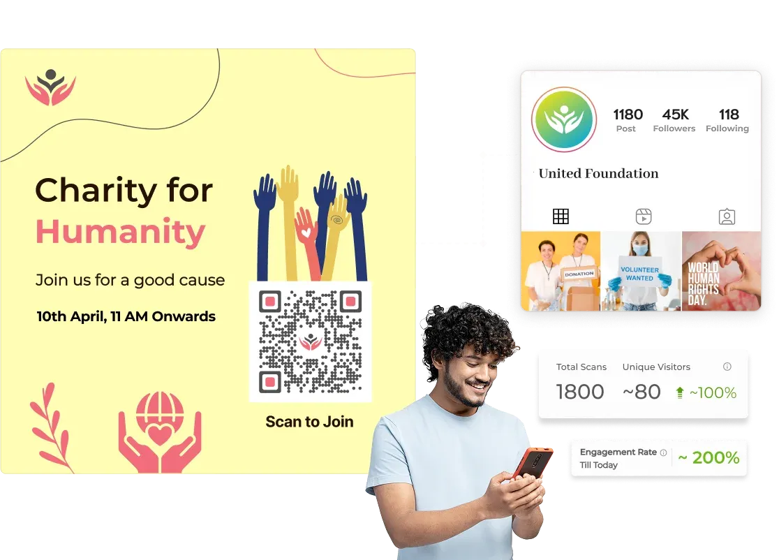 El colaborador escanea el código QR del folleto benéfico con análisis de donantes y retargeting de Meta Pixel a través de Webhooks y Zapier