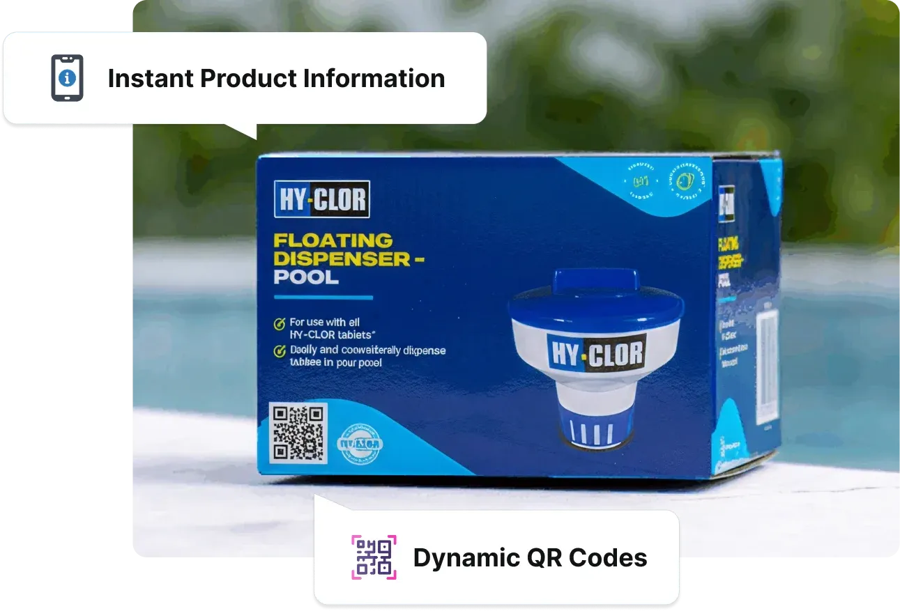 Hy-Clor product packaging with Scanova Dynamic QR Code for instant pool care education