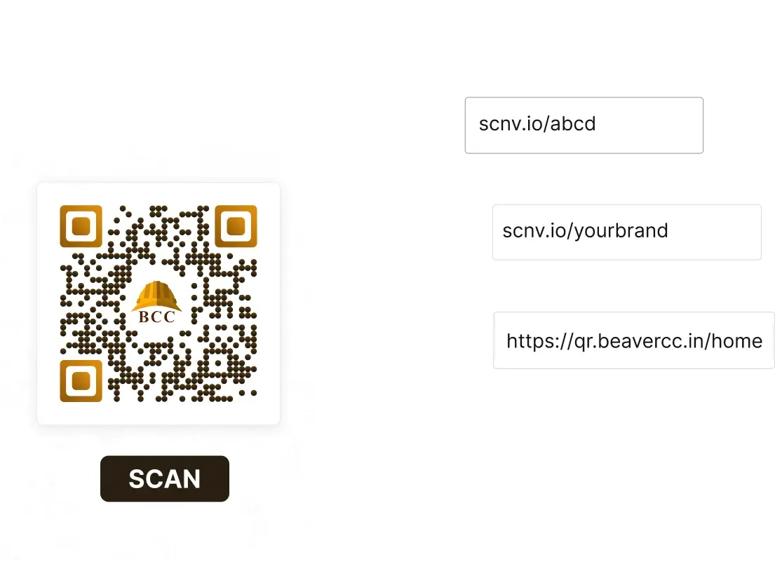 BCC branded QR Code with Scanova custom domain feature showing a custom short URL replacing the generic link