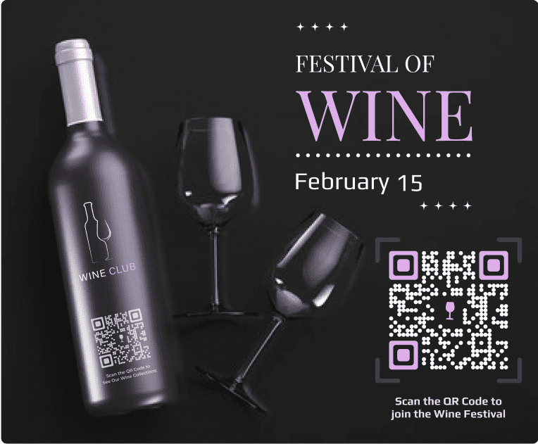 Botella de vino y copas con un póster del Festival del Vino que incluye un código QR transparente.