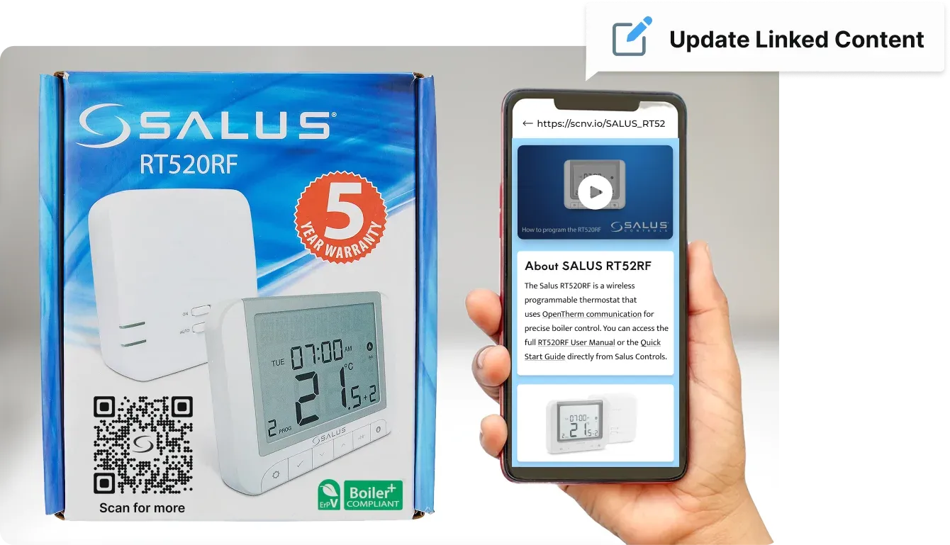 SALUS product packaging with Scanova QR Code scanned via phone showing linked content