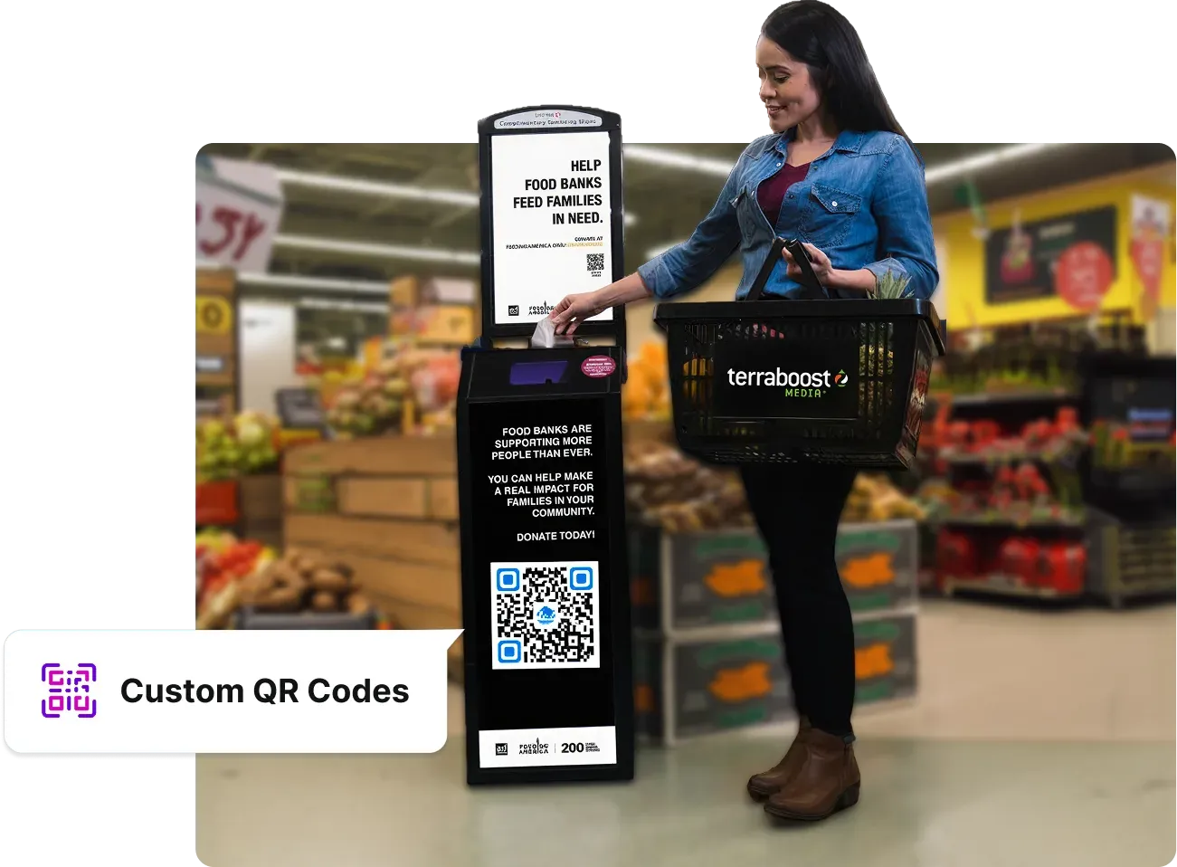 Shopper scanning a Scanova custom branded QR Code on a Terraboost kiosk for a food bank donation campaign in a supermarket