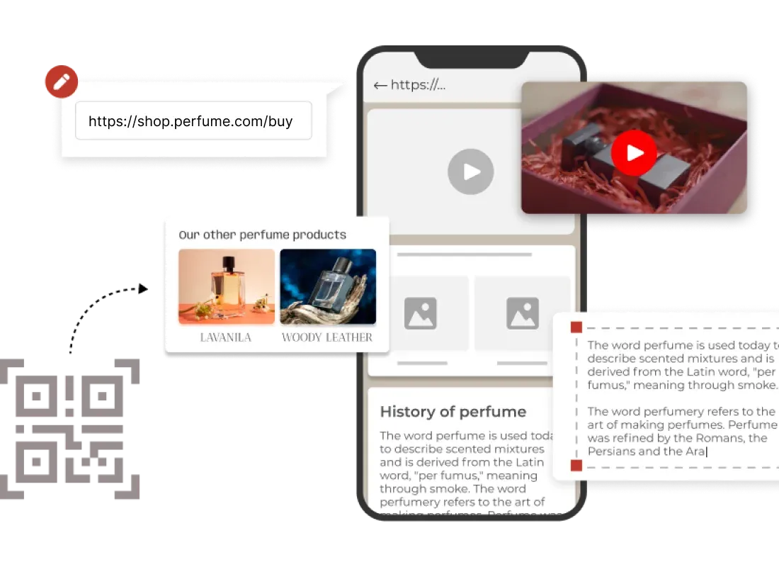 Código QR dinámico que vincula a una URL personalizada, un vídeo del producto, una página del producto y un artículo sobre Scanova