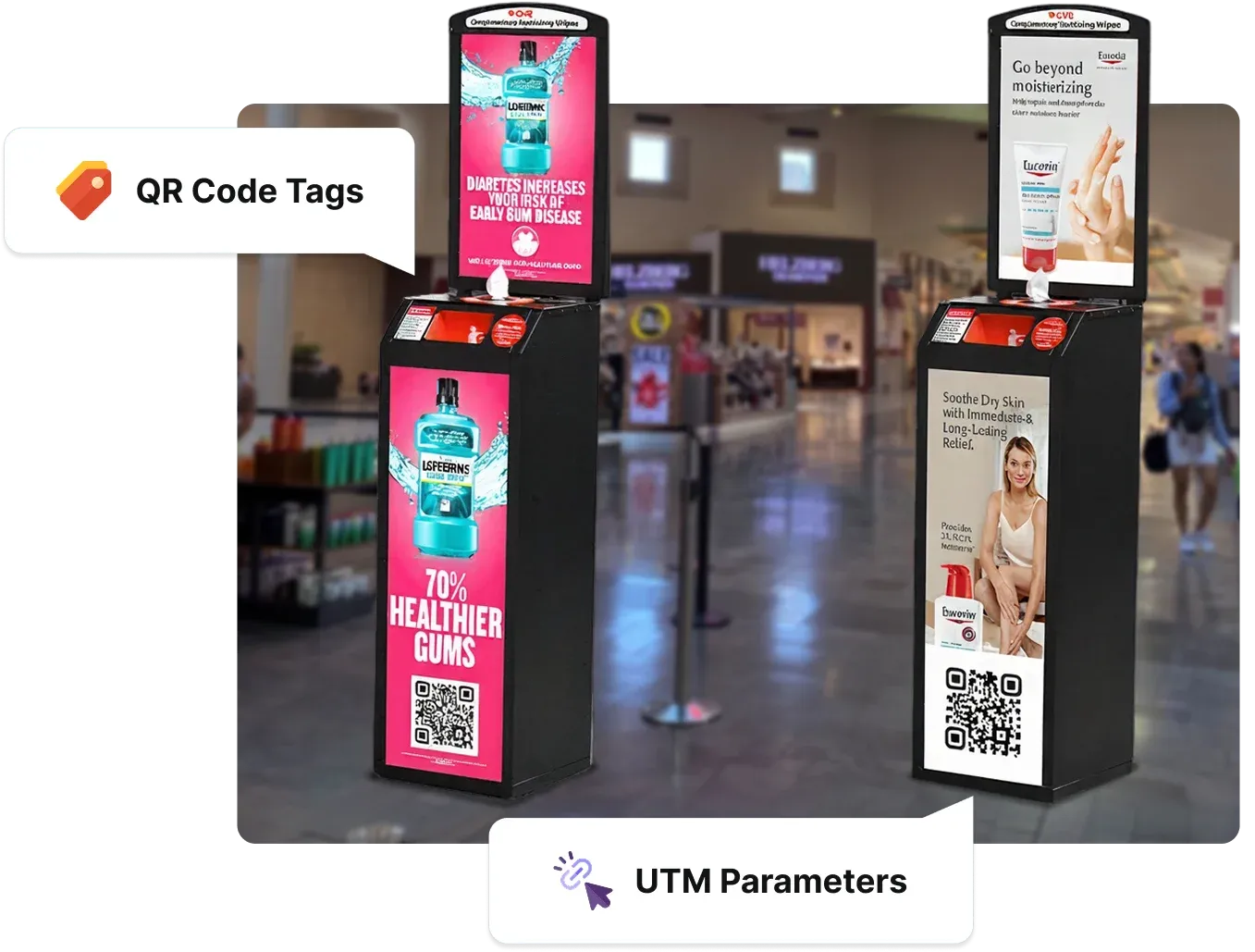 Terraboost kiosks with Scanova Dynamic QR Codes made using QR Code tags and UTM parameters for campaign attribution across mall locations