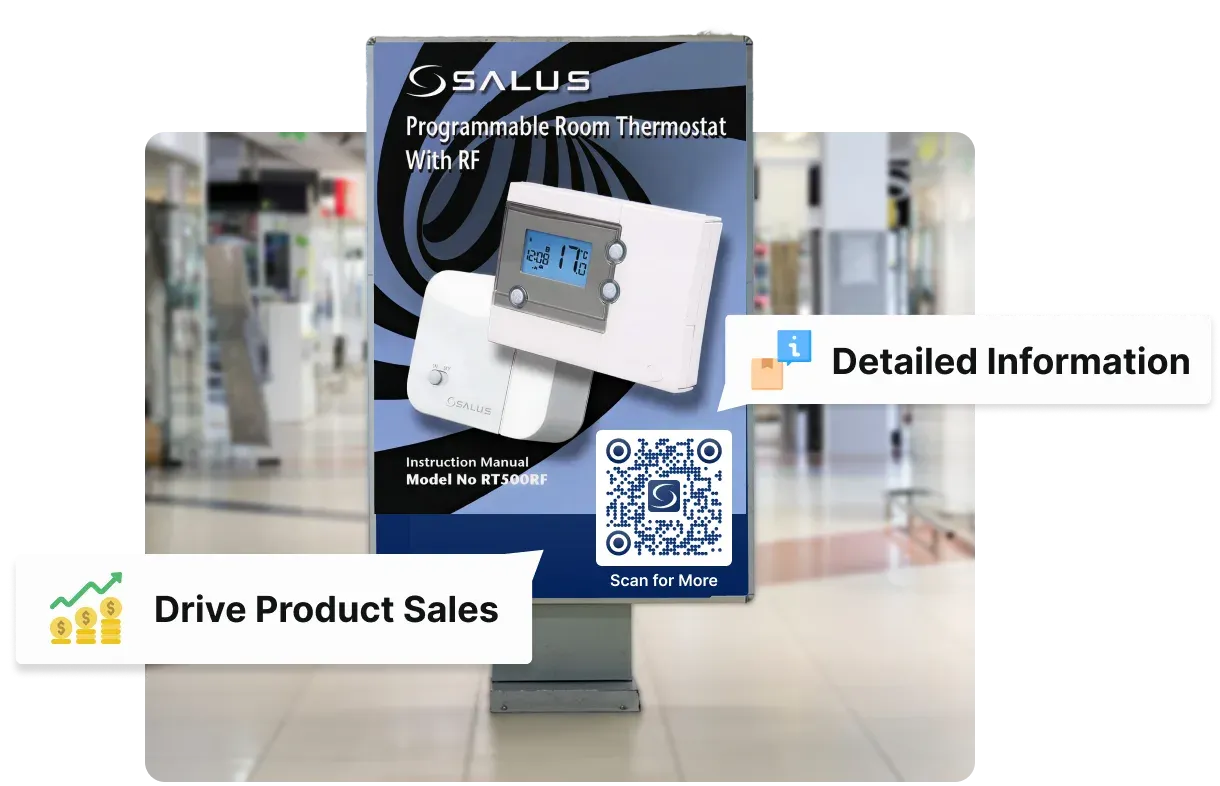 SALUS Controls thermostat catalog with Scanova Dynamic QR Code linking to detailed digital information, driving engagement and customer education
