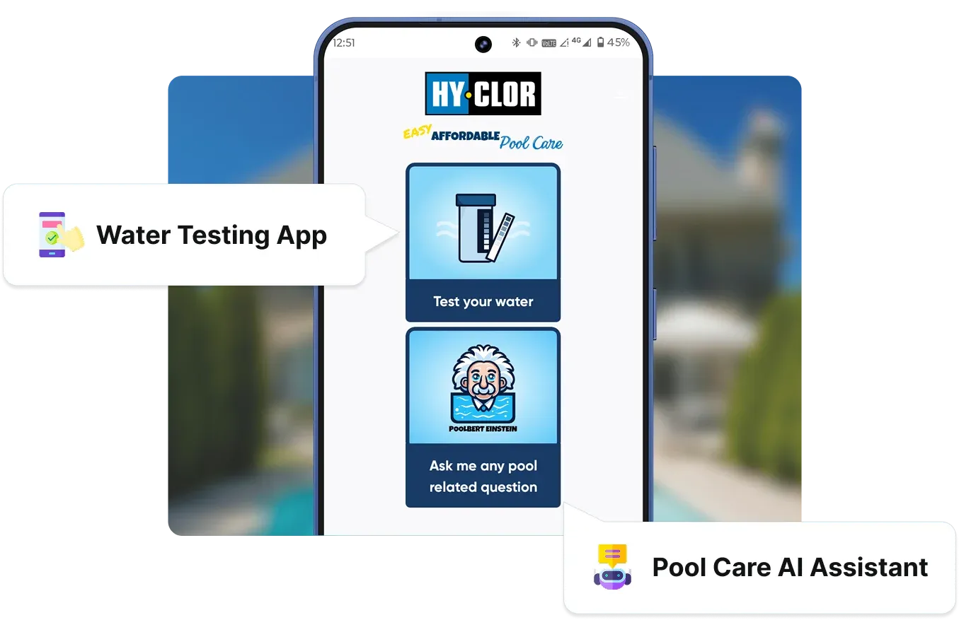 Hy-Clor mobile app directing to Water Testing and AI Assistant via Scanova QR Codes